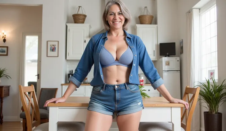 Mature woman, seventy years old, short gray hair, large silicone breasts, thin waist, flat belly, slim, very wide hips, large silicone butt, wearing denim shorts and a blue long-sleeved shirt, in the kitchen of a house, white walls, with her hands resting ...