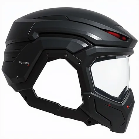 A black military helmet, have a red screen visor can open and close,have a face shield 