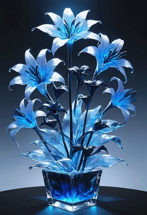 Ice sculptures, jet black lilies trapped inside the ice, pistils glowing fluorescent blue, work of iridescent art, effective effects, bold and dynamic, contrasts of light and shadow, 2.5D, conceptual installation art, artistic photography, hyper realistic,...