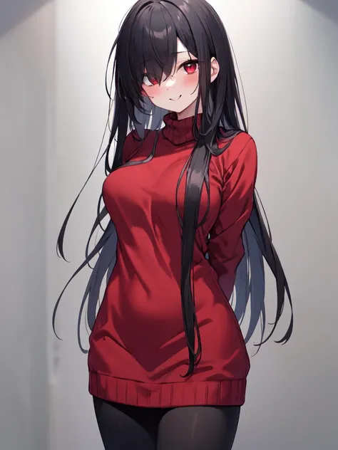  1 girl , solo,  black hair,  long hair,  hair to hide one eye, Straight Hair, Beautiful breasts, medium chest ,Red sweater, sweater dress,leggings, red eyes, Slanted Eyes,His right eye is hidden by his hair, Crazy Eyes, blush,  yandere, crazy smile , stan...