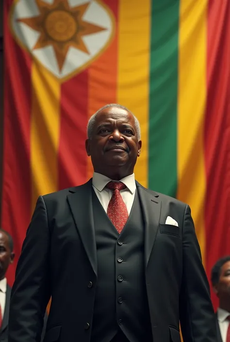 Zimbabwean president. 
A charismatic president stands in front of a huge Zimbabwe banner. 