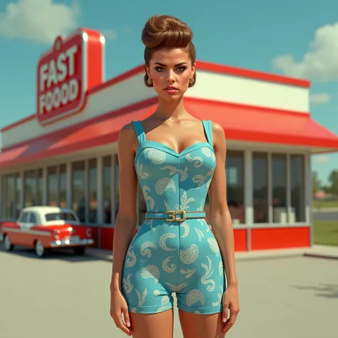 Woman with light brown beehive hairstyle from the 60s , Size: 165cm, Weight: 58kg,  her face is a bit plump, she doesn&#39;t smile, Her skin is slightly sun-tanned ,  this is how she poses in front of a large American fast food restaurant from the 60s,  sh...