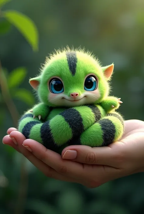 A fluffy miniatu anakonda  with vibrant green fur and black stripes resting on a human palm, gazing at the camera with a playful smile, Π highlighting its blue innocent eyes. Realistic, 4k quality, with a blurred surrounding Dislike environment