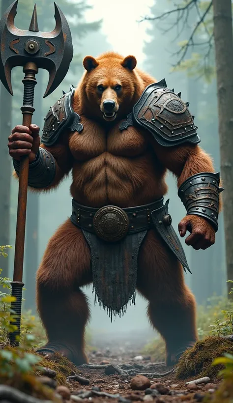 Realistic style photo, full body of a fighting pose eternity giant bear berserker with a powerful humanoid body, holding a massive spiked war hammer. Bear face and head, clad in heavy bronze and iron armor with tribal markings, mid-swing in a devastating d...