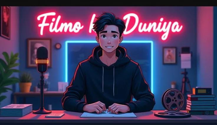 Create an anime-style young man, age 22, who is a movie content creator. He has a mature, handsome, and smart appearance with a clean, expressive face. The character is wearing a stylish black hoodie, sitting behind a cinematic microphone with a glowing ne...