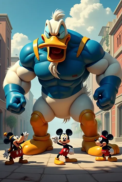 Super muscular Donald Duck defeating Goofy and Micky Mouse