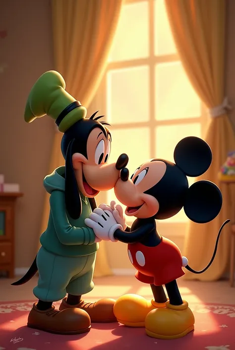 Look at each other very much in love with each other, Mickey and Goofy, Let them give each other a passionate kiss, Let them put their lips together until they end in a tender kiss