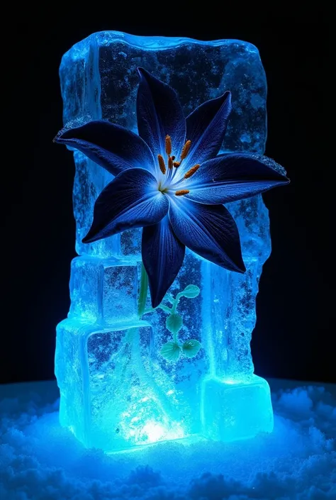 Ice sculptures, jet black lilies trapped inside the ice, pistils glowing fluorescent blue, work of iridescent art, effective effects, bold and dynamic, contrasts of light and shadow, 2.5D, conceptual installation art, artistic photography, hyper realistic,...