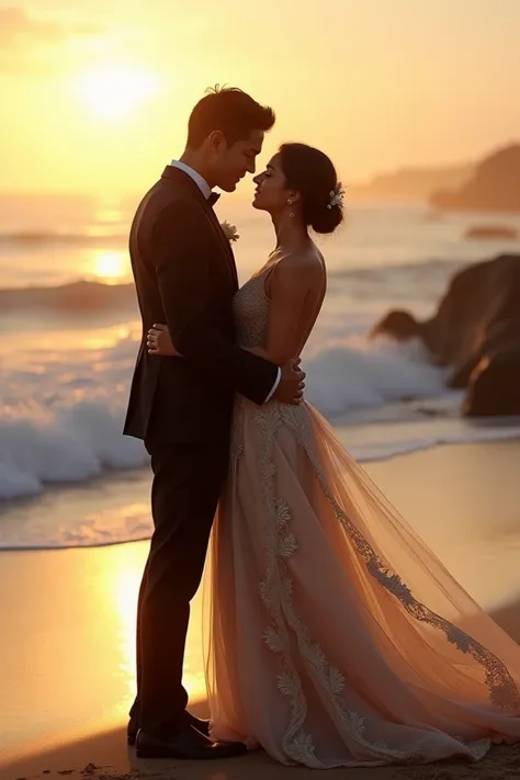 Realistic Couple Dress with Realistic Handles Back View Beach