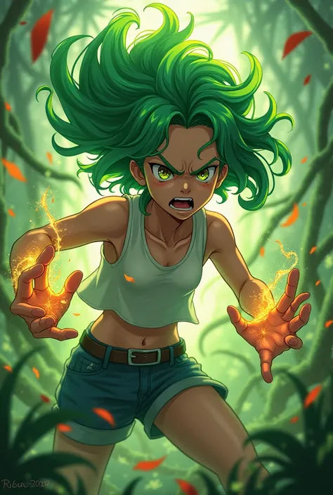 Make a photo of a girl  that has plant powers make her angry  anime style 