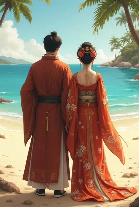 Realistic Oriental Couple Dress Back View Beach