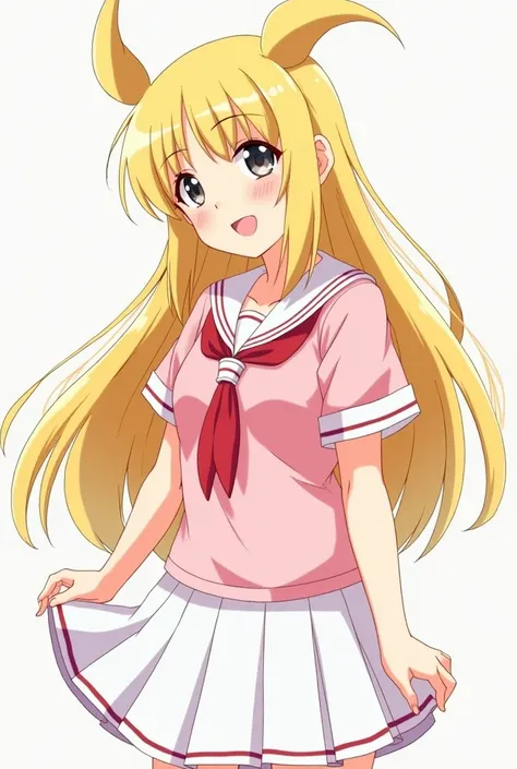 Anime Characters，girl，blond， long hair，. The hair has short tail-shaped double whips, but the length of the whip is no longer than the ears，Blue eyes， sailor suit， sailor suit的衣领是白色，The sailor is pink ， sailor suit裙子也是白色，The sailor tie is red ，