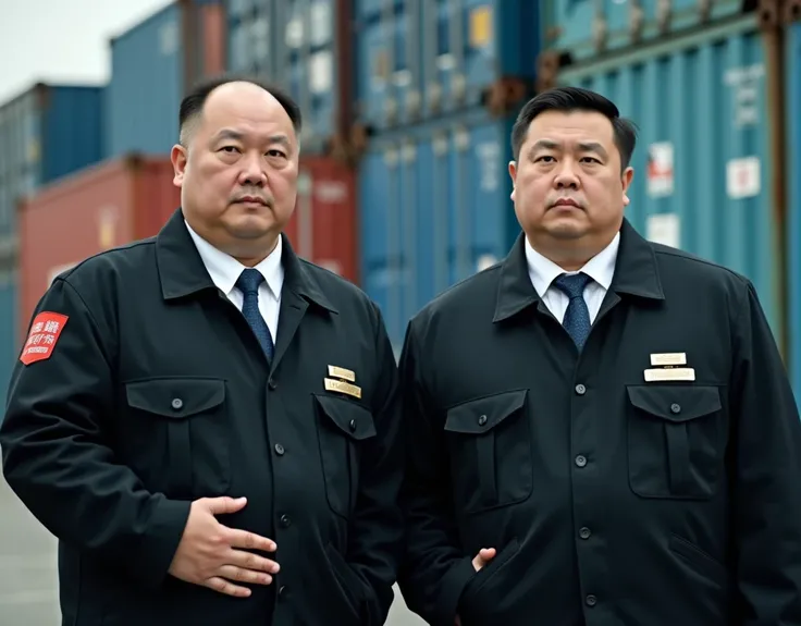  Best Quality,  facial focus,  ultra-high resolution , (Reality:1.4),  RAW Photo , Two obese young Chinese men wearing black police jackets， white shirt，Short hair flat head，Lips tightly closed，Dark blue tie、 have a serious expression ， facing the camera，C...