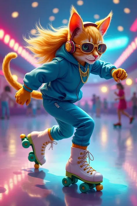 Painting depicting a realistic young Blonde cat girl energetically roller skating in front of a skating rink. She has golden hair with gold accents, and the cat is dressed in a tracksuit with blue tracksuit pants and white skates with green wheels. She is ...