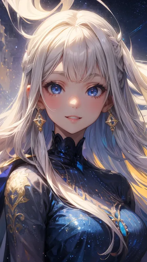 A beautiful and happy anime-style 40 year female character with long platinum blonde hair and bright blue eyes, smiling, dressed in an elegant long dress, royal outfit, no earrings in her ears. She has an ethereal and serene expression, with no accessories...