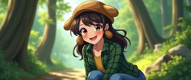  Make her face look more anime-like, anime face style ,  pretty face ,  vulgar expression , warm smile, pervert, pop, Green Plaid Shirt, blue jeans,  brown boots ,  brown hat with earflaps , freckles, the forest.