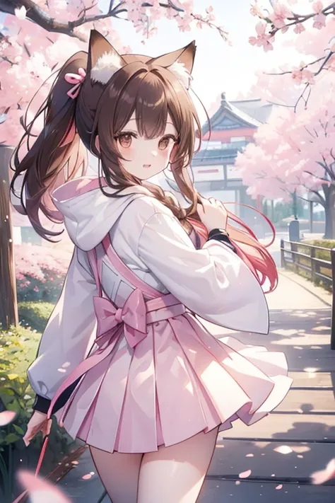 irohaisshiki, iroha isshiki, long hair, brown hair, (brown eyes:1.5), happy smile, smile, open your mouth,short braided hair,ponytail,animal ears　fox ears,animal tail　fox tail,oversized pink hoodie,yellow pleated long skirt,white pantyhose,Mini Boots,walki...