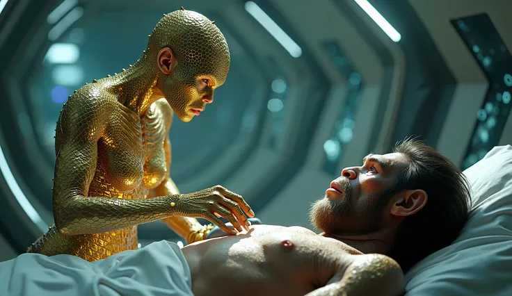 solitary mutant androgen goddess with reptile texture gold skin covering the whole body are perform critical surgery on an ape neanderthal with hairy covering whole body, on a big spaceship with glass walls, outer space view, research lab., extreme long sh...