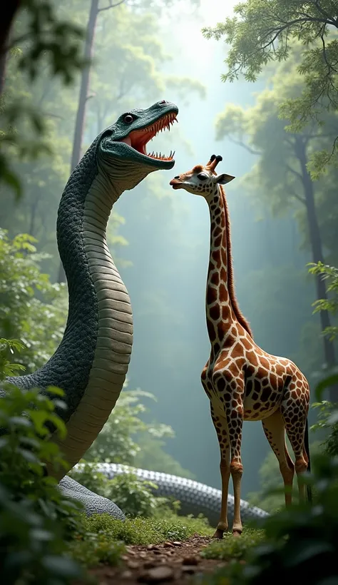 Anaconda and giraffe in front of each other in one frame.