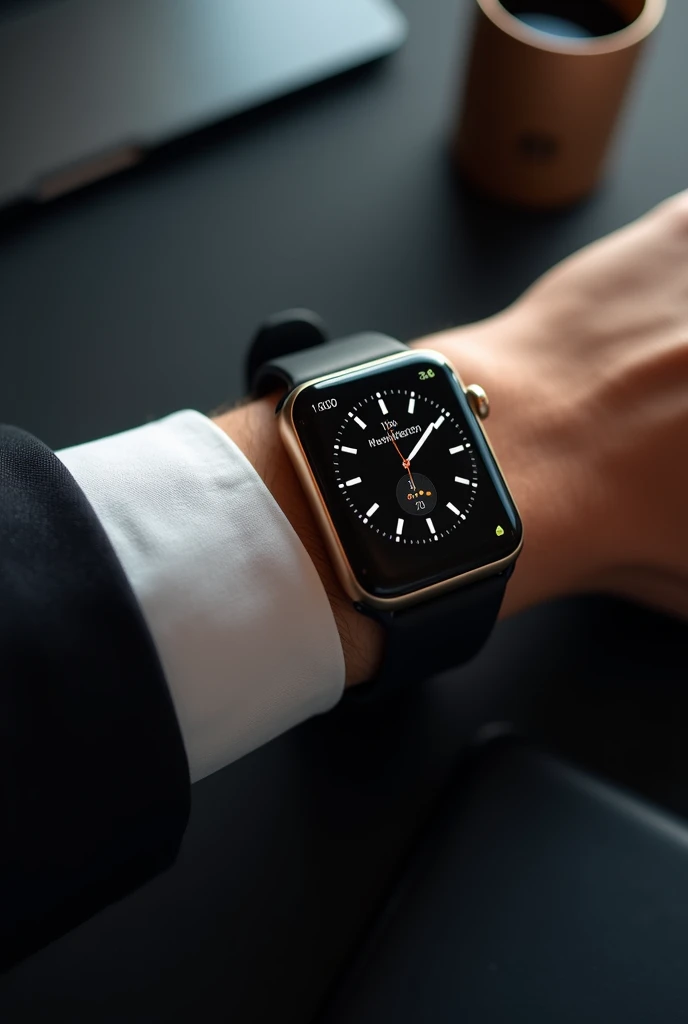 A stylish, close-up shot of a luxurious smartwatch on a wrist, showing an elegant and modern design. The background is blurred, with a soft glow effect, symbolizing the passage of time. The watch face shows notifications, emphasizing time management and or...