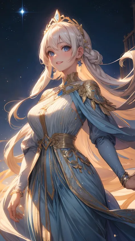 A beautiful and happy anime-style 40 year female character with long platinum blonde hair and bright blue eyes, smiling, dressed in an elegant long dress, royal outfit, no earrings in her ears. She has an ethereal and serene expression, with no accessories...