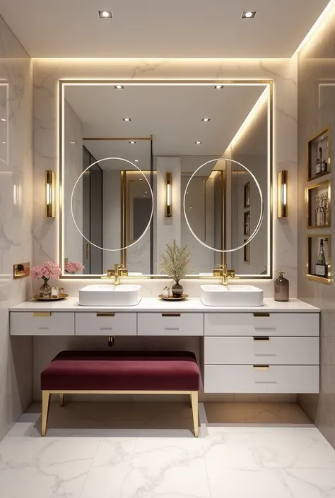     The image shows a luxurious and sophisticated bathroom with marble finishes ,  gold details and modern lighting . to follow, a detailed description:
	1.	Countertop and sink :
	 • The countertop is large ,  covered in light marble with soft veins .
	 • ...