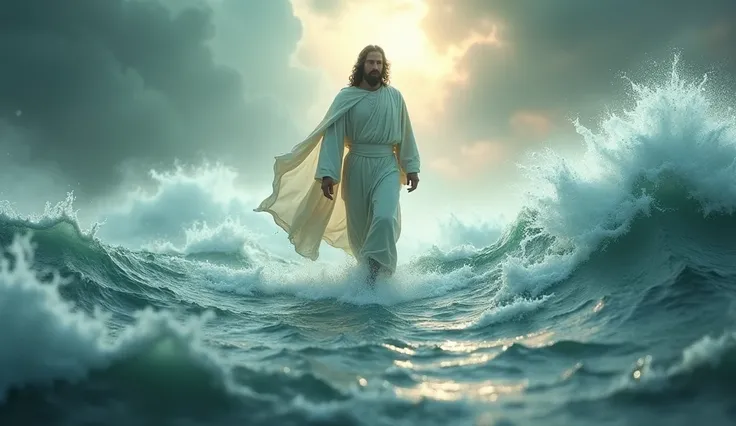 “An ultra-realistic, cinematic 4K scene of Jesus Christ walking on turbulent waters in the midst of a storm on the Sea of ​​Galilee, with high waves, strong wind, and a soft divine light shining around His figure. He is dressed in white robes that flutter ...