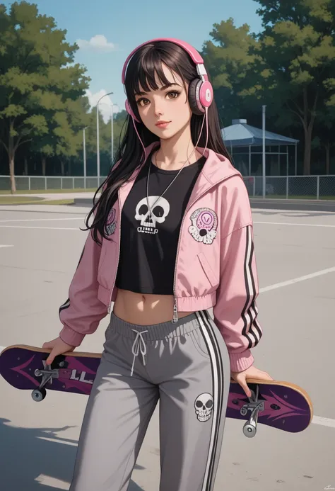 Long straightened black hair with bangs, thin arc eyebrowed, brown eyed, small nosed, full lipped, shaped faced, grinning lady is standing in a skate park, alone at midnight, she wears grey baggy track pants, pink skull patterned crop, pink headphones on h...