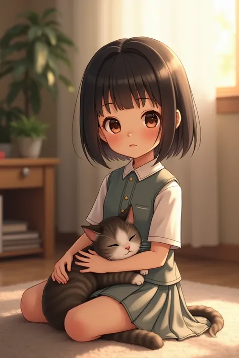 Chinese girl in elementary school dress sitting with cat