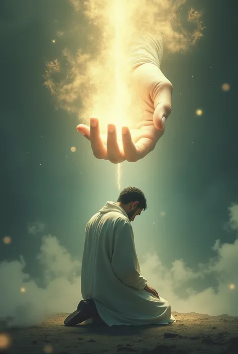 God placing his giant hand of light ,  on the head of a kneeling man is sad