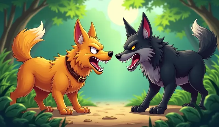 A angry ,attacking cartoon golden retriever with a fluffy coat, wagging tail,( belt with a collar named GOLDIE and address) barking,showing teeth to cartoon snarling black jackal at jungle 

