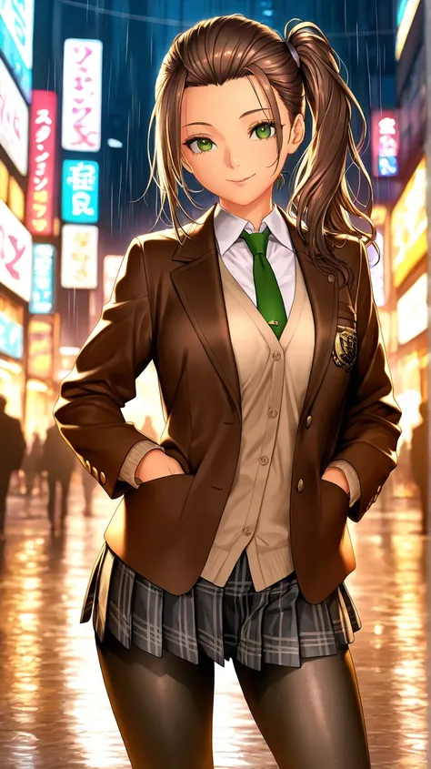 masterpiece, best quality, very aesthetic, realistic detailed CG, Sharp Focus, high contrast, 1girl, detailed green eyes, smile, semi-long hair, dark brown silky hair, hair styled in a center-parted slicked-back look, side ponytail, contrapposto, Captivati...