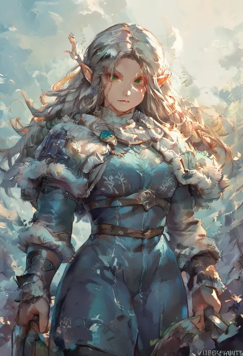 core_9, score_8_up, score_7_up, woman, green eyes, gorgeous, elf, fur outfit, black viking outfit, pale skin, solo, dark blue heavy armour, dark blue medieval armour, dark blue chainmail, mythril armour, elven ornaments, fur cloak, standing up straight, ca...