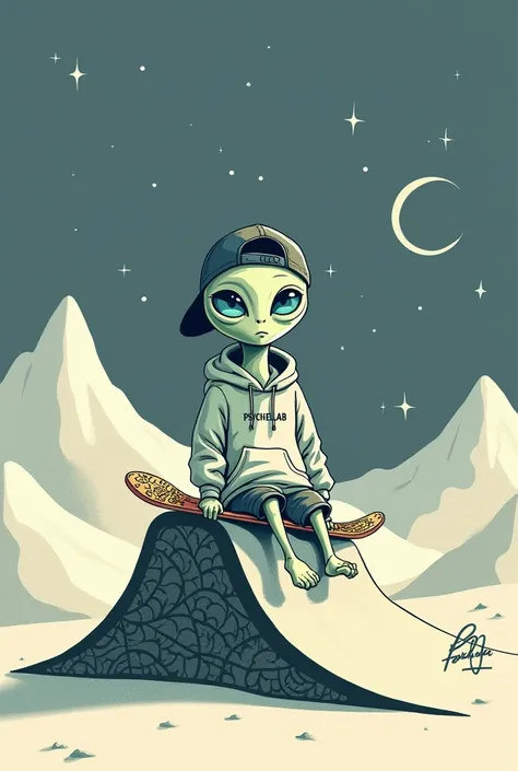 Descrição de Arte para uma Estampa 2D da PsycheLab 

Um alienígena em estilo 2D com traços suaves e limpos está sentado no topo de um half-pipe,  breasts in a relaxed position ,  holding a skateboard with one hand .  The ET has large and expressive eyes , ...