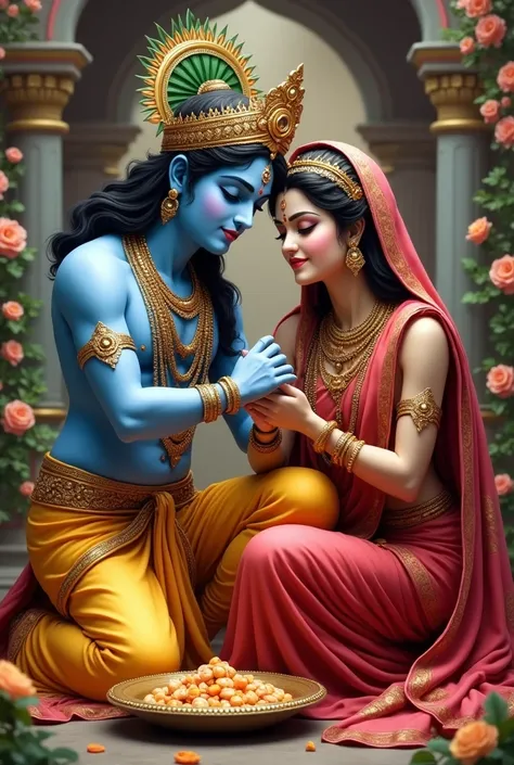 As ren Create a divine image of Hindu God krishna and radhe his  . Krishna is depicted wearing traditional Indian attire, a yellow dhoti, a crown, and ornate jewelry, with his skin in a beautiful blue shade and a charming face. Beside him is a plate of , w...