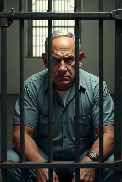 Create a realistic picture of Benjamin Netanyahu sitting behind bars in a prison. He looks angry.