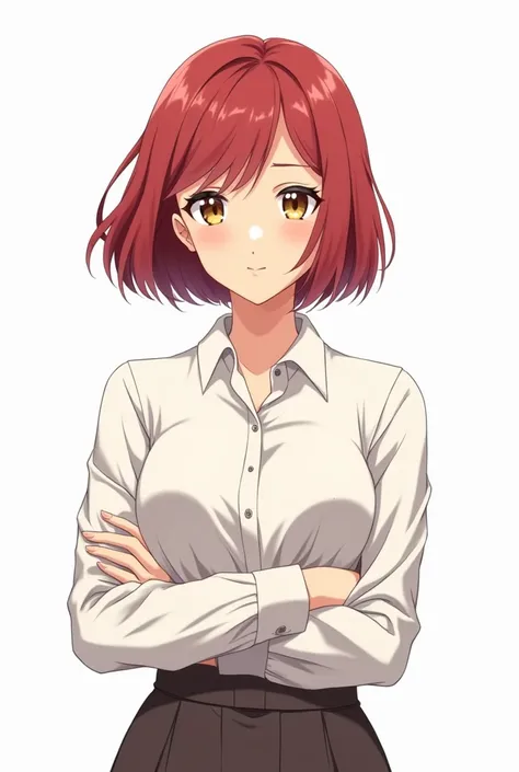 anime style of a florist girl, bob red hair and mature look, white background, slightly realistic 