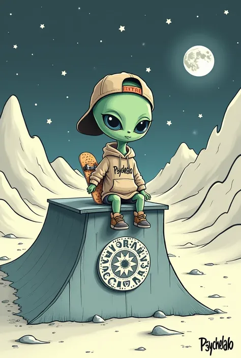 Descrição de Arte para uma Estampa 2D da PsycheLab 

Um alienígena em estilo 2D com traços suaves e limpos está sentado no topo de um half-pipe,  breasts in a relaxed position ,  holding a skateboard with one hand .  The ET has large and expressive eyes , ...