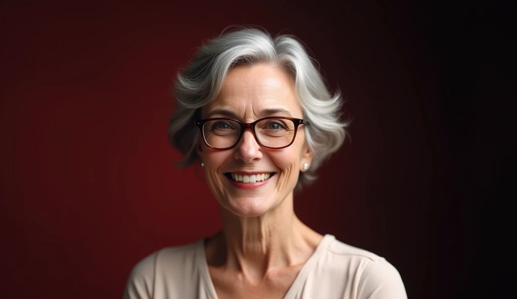 ((Photorealist)). A portrait of an older woman with short, gray hair, looking directly at the viewer with a warm and friendly expression. She is wearing glasses and a light-colored blouse. The background is simple and gradient with tones of red and black. ...