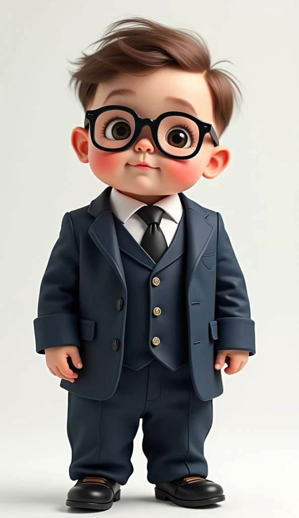 CHUBBY BABY STANDING WITH A SUIT AND TIE AND BLACK GLASSES