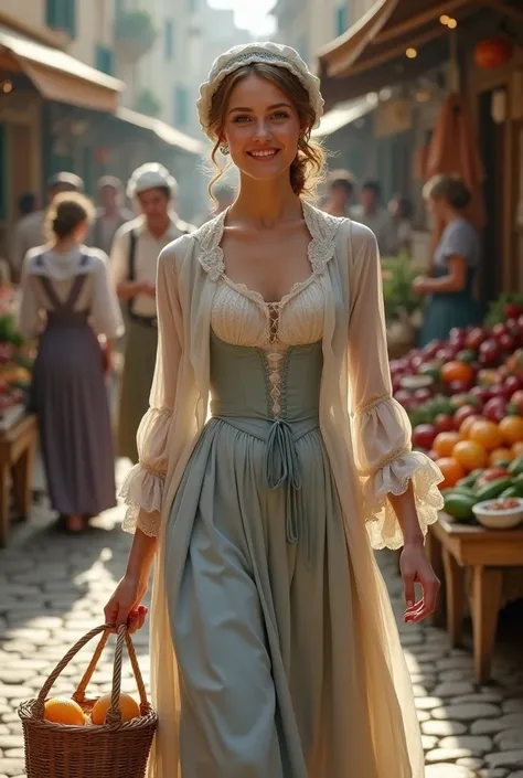 Create a realistic 19th-century European market scene featuring a beautiful woman dressed in authentic period attire. She wears a classic 19th-century outfit, with a fitted bodice, high lace collar, and a full, flowing skirt in soft, muted tones such as cr...