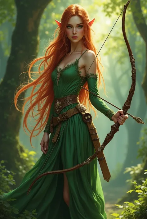 An hunter elf girl from middle ages in a dress with magic bow and arrows