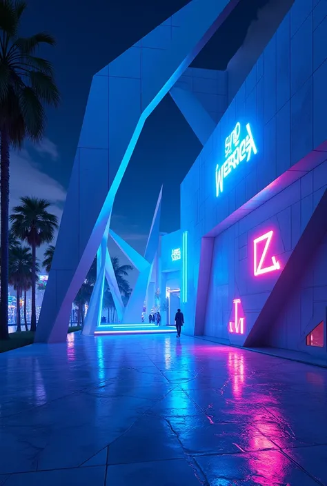 "Futuristic design with no models or people ,  just modern geometric patterns with blue and purple neon accents and glowing tech logos."