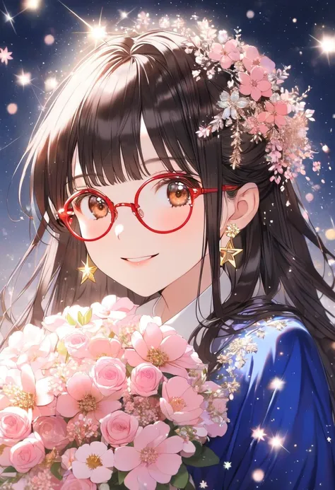 1girl, , brown eyes are shining and cute, black hair, long hair, extremely detailed neat hair,Straight hair, tareme, ((red-rimless eyewear:1.2)), star earrings, medium breasts, smile, blushful,
looking at viewer, white shirt, blue jacket, pink flower, hold...