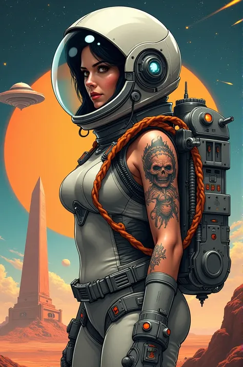  Create a realistic tattoo on a forearm  .  Create strong lines with lines and outlines  . In this image,  create a woman in an astronaut costume wearing a futuristic glass helmet and wearing a special boot with robotic props..  Create an alien next to thi...