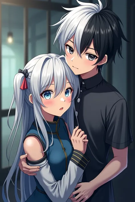 Half White and black hair pale girl with one silver eye and the other black anime and a guy with half black and white hair with silver and black eye brother 