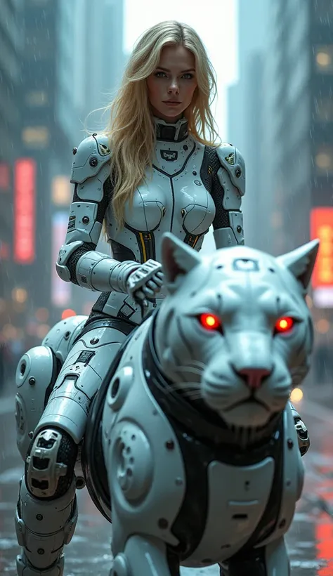 Woman covered in complex white cybernetics, Blue LED light, Combat Uniform,  clevis, high tech,  ultra high def , 32K, ( bikini cyborg robot parts), riding a robotic meca panther cyberpunk red eyes (  Details:1.4),  cyberpunk city background , Rainy Street...