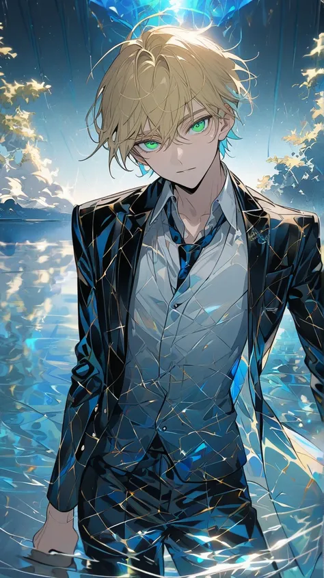 A cool young man with blond hair, green eyes, and wearing a suit standing on a lake with beautiful blue reflections