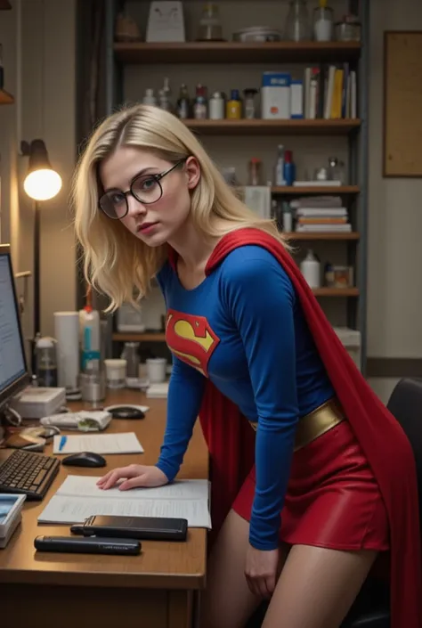 WEARING A CLASSIC SUPERGIRL COSTUME AND CAPE AS HER BOOBS SWELL AND INFLATE, MASSIVE OVERSIZED BOOBS STRAINING THE FABRIC OF HER SUPERGIRL COSTUME. a brilliant but socially awkward young BLONDE NERD who, while working late in her cluttered university lab, ...