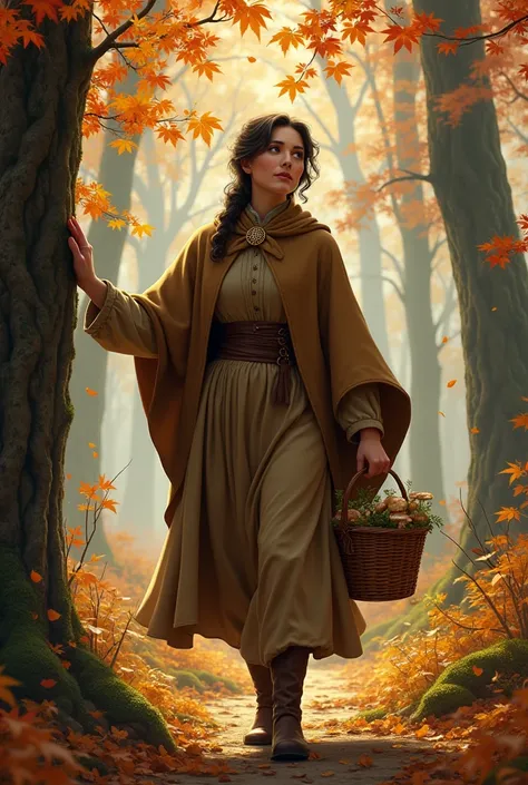 "Illustrate a 19th-century woman walking through a forest in autumn, surrounded by golden and red foliage. She wears a warm brown dress with leather boots and a wool cloak fastened with a bronze brooch. In one hand, she holds a wicker basket filled with fr...